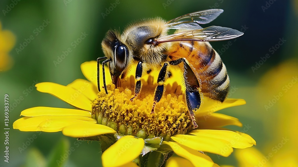 Honeybee pollinating a flower garden closeup image natural habitat macro view biodiversity Honeybee pollinating a flower garden closeup image natural habitat macro view biodiversity