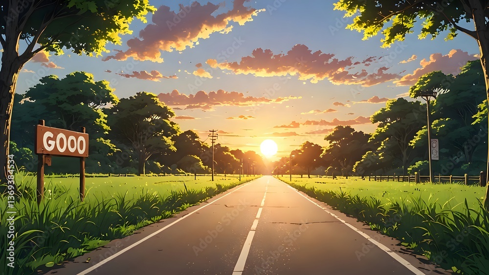 Fototapeta premium Driving on a Country Road at Sunset with Trees and Green Grass