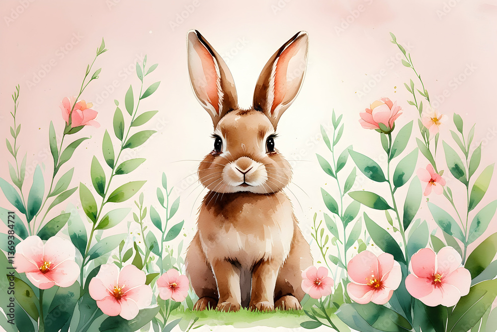 Obraz premium Watercolor illustration of a cute brown bunny rabbit sitting in a field of pink and yellow flowers,International easter event pic,A delicate watercolor illustration of a happy rabbit holding a tiny .