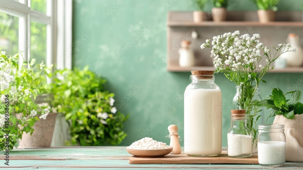 Fresh Milk and Herbs on Wooden Table in Bright Kitchen Setting Fresh Milk and Herbs on Wooden Table in Bright Kitchen Setting