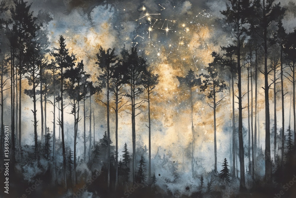 Fototapeta premium Starry Night Forest Celestial Dreamscape.