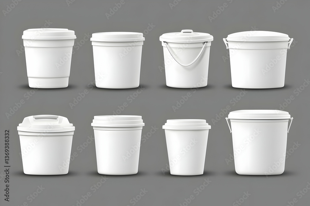 Eight Realistic 3D Models of White Plastic Containers: Buckets, Cups, and Lids, Mockup for Branding and Design. Eight Realistic 3D Models of White Plastic Containers: Buckets, Cups, and Lids, Mockup for Branding and Design.