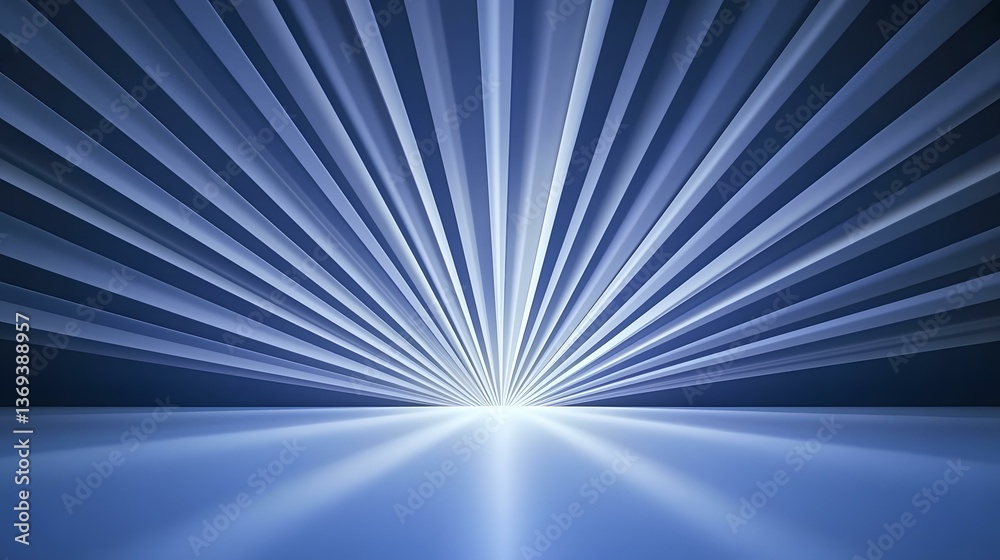 Fototapeta premium The image contains an abstract design of numerous light blue, radiating lines converging at a central point on a flat surface, creating a burst of light effect.