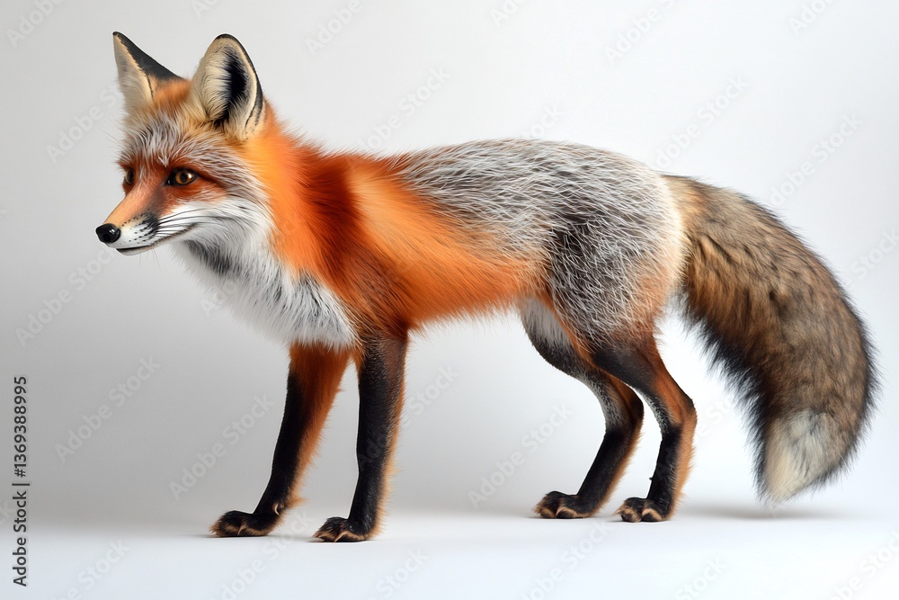 Fototapeta premium A striking red fox with a bushy tail, poised on a white backdrop. 