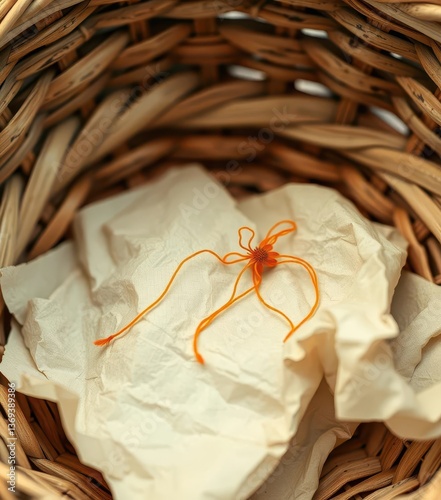 A single saffron thread, fragile and orange, rests on crumpled tissue within a weathered woven basket, old, fragile