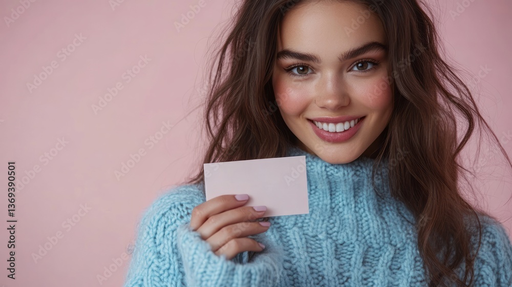 Beautiful woman smiling holding a blank card in her hand Beautiful woman smiling holding a blank card in her hand