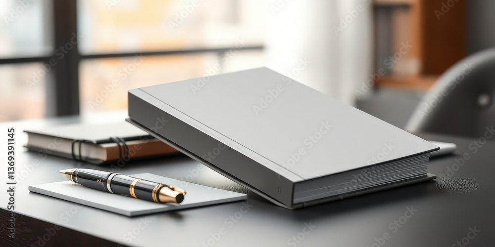 Elegant Book and Pen Mockup on a Desk, Office Workspace Still Life Elegant Book and Pen Mockup on a Desk, Office Workspace Still Life