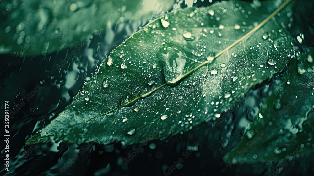 Fototapeta premium Raindrops on a Green Leaf Reflecting Light, Creating an Intricate and Artistic Natural Photography Scene