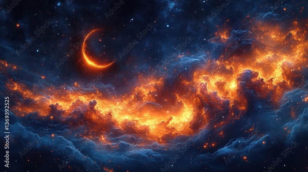 Obraz premium Swirling Digital Painting of Silk Fabric with Fiery Orange and Cosmic Blue Clouds in a Starry Night Sky