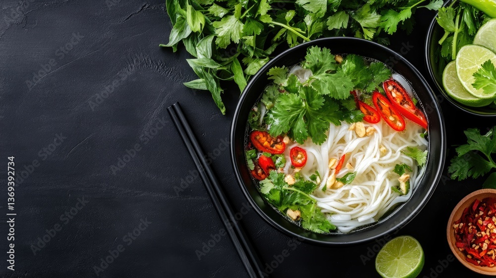 Fresh Vietnamese Pho with Herb Garnish and Spicy Chili Peppers Fresh Vietnamese Pho with Herb Garnish and Spicy Chili Peppers