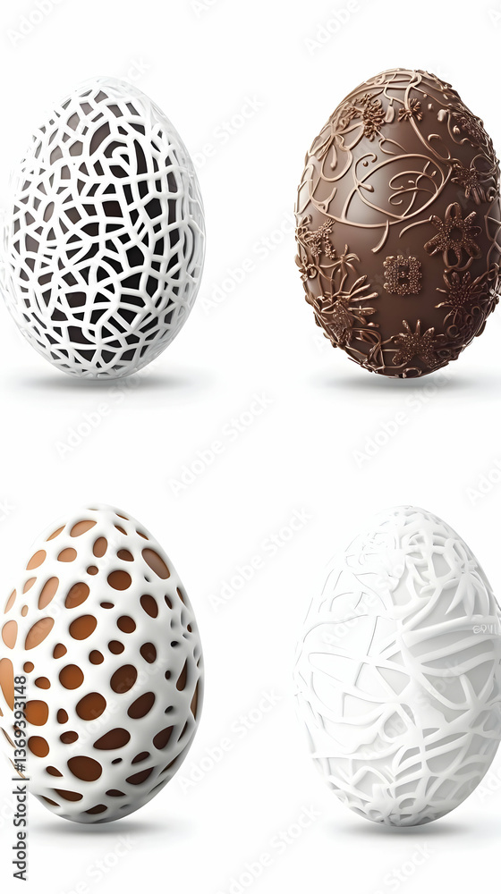 3D Render of Four Ornate Chocolate Easter Eggs with Intricate Designs, Isolated on White Background 3D Render of Four Ornate Chocolate Easter Eggs with Intricate Designs, Isolated on White Background