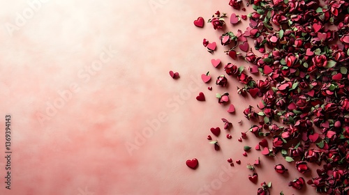 Decorative roses and hearts arranged on a pastel colored background
