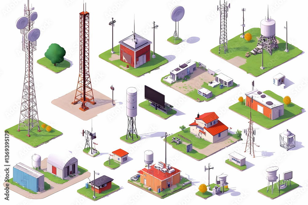 Isometric Illustration of Telecommunication Towers, Buildings, and Infrastructure Components in a Rural Setting