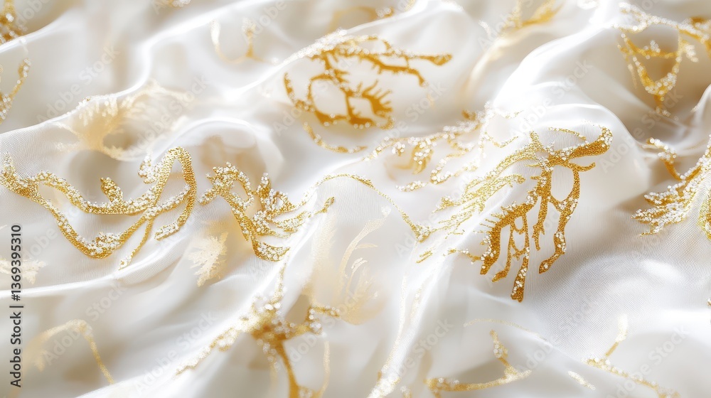 Elegant Macro View of Luxurious Silk Fabric Featuring Intricate Arabian-Inspired Patterns in Gold on White, Ideal for Textiles and Fashion Design Elegant Macro View of Luxurious Silk Fabric Featuring Intricate Arabian-Inspired Patterns in Gold on White, Ideal for Textiles and Fashion Design