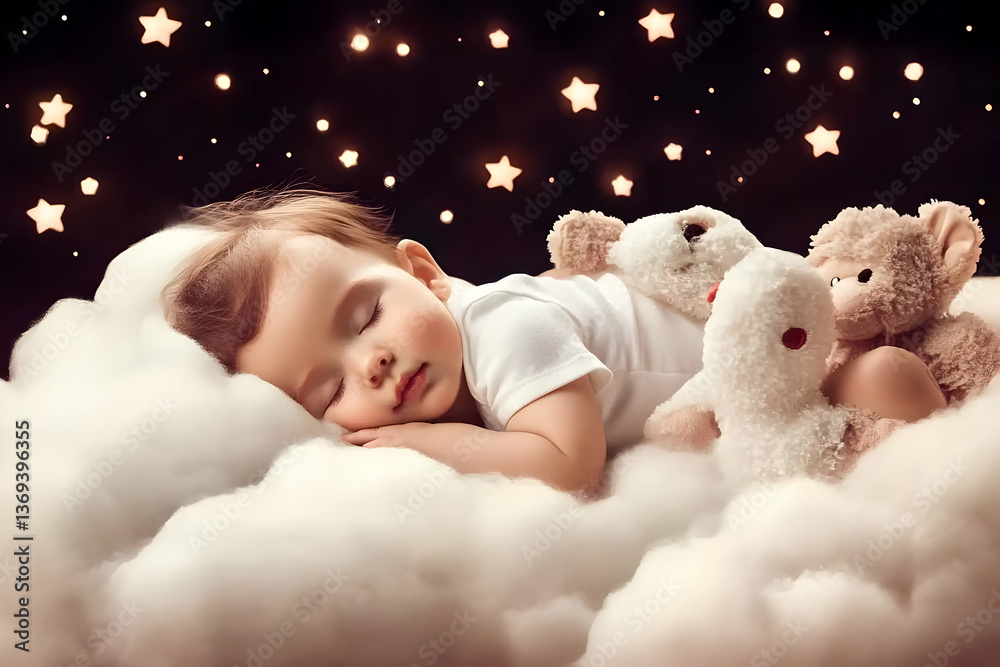 Infant peacefully sleeps on fluffy clouds, surrounded by plush toys under a starry night sky.