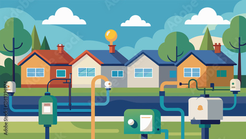 A suburban neighborhood lined with gas meters each one connected to the larger system that delivers natural gas to homes.. Vector illustration