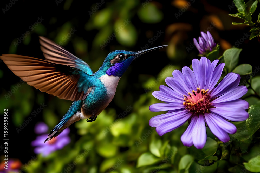 Obraz premium Vibrant Hummingbird in Flight, Approaching Purple Flower, Detailed Wings, Dark Green Background, Artistic Illustration