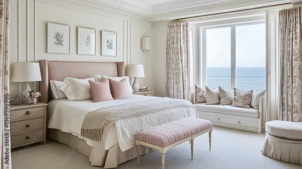Fototapeta premium Coastal inspired decor interiors, blending soft blues, crisp whites, and delicate pastels with luxurious textures and refined details