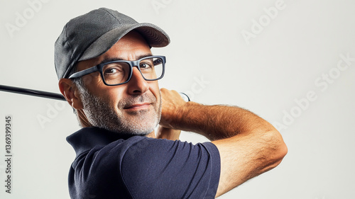 A photograph of a middle-aged man in glasses, wearing a cap and polo shirt, holding a golf club and playing golf on a white background