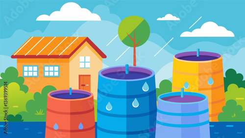 Brightly painted rain barrels collect water from the schools rooftops providing a sustainable water source for the garden during dry spells.. Vector illustration