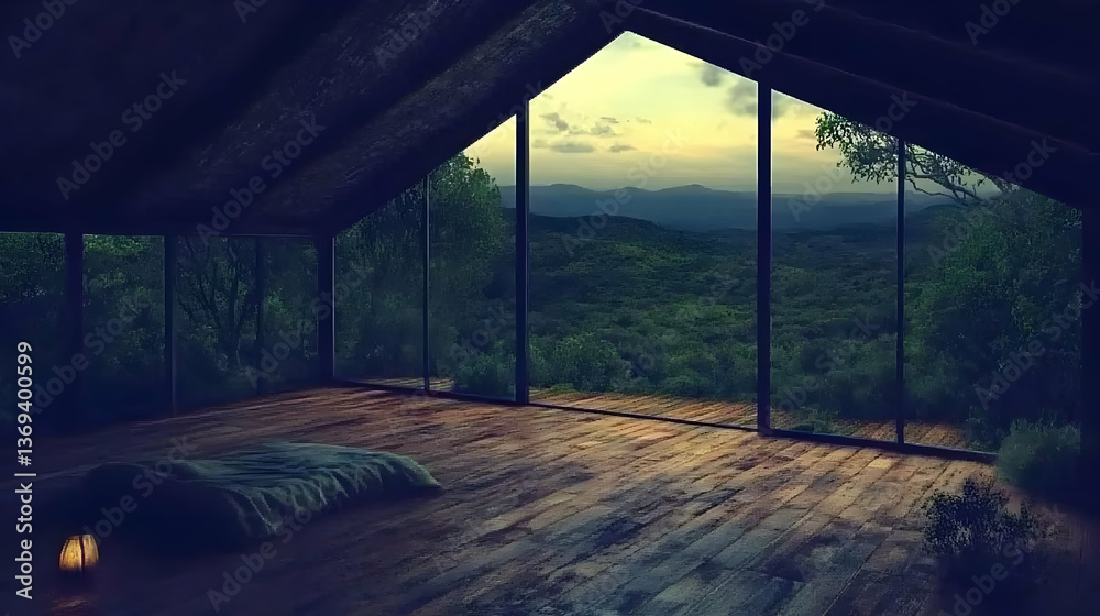 Serene Mountain View from Glass-Walled Room: A Digital Illustration of a Rustic Cabin with a Tranquil Atmosphere, Featuring a Wooden Floor and a Cozy Bed.