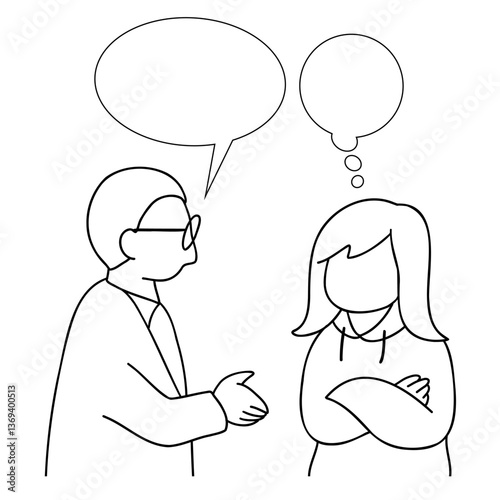 説明する男性と考える女性の線画イラスト　吹き出し付き
