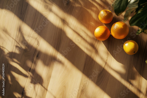 fruit background. Oranges on a wooden table with natural sunlight and plant shadows. Fresh and vibrant still life. Perfect for food, health, or summer themes. Top-down view. copy space