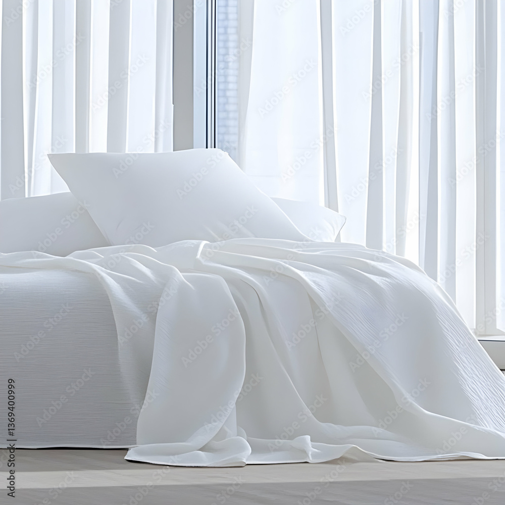 White bedding draped elegantly on a bed near sheer curtains, creating a serene and minimalist bedroom scene.