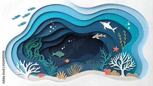 abstract cut paper isolated  white expression deep ocean diving sea creatures
