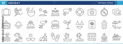 A set of line icons related to Holiday. Cruise, compass, postcard, bikini, suitcase, hiking, coconut, beach, and so on. Vector editable stroke.