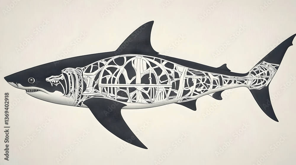 Fototapeta premium Intricate Mechanical Shark Illustration: A Detailed Anatomy Unveiled in Monochrome