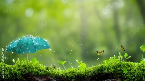 Wallpaper Mural Realistic Seamless Pattern of Teal Umbrella Surrounded by Greenery and Butterflies with Sparkling Effects in Natural Environment Torontodigital.ca