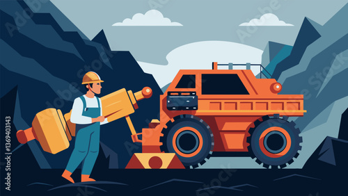 A skilled engineer guiding a massive diesel engine used for drilling and excavation through the rocky terrain of a construction site.. Vector illustration