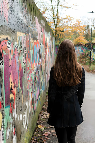 Woman Walking Away From Colorful Graffiti Wall in Autumn