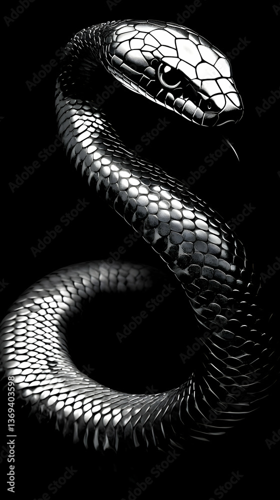 Fototapeta premium 3D Render of a Metallic Snake Coiled, Dark Background Illustration