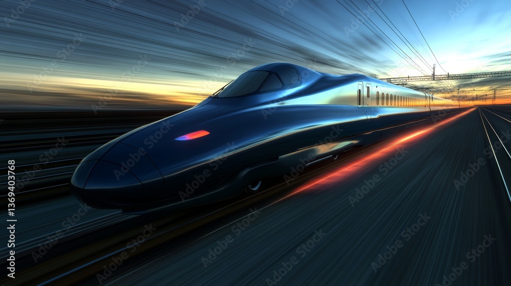 Obraz premium a hyper-fast electric bullet train painted in a metallic blue finish, charging forward with immense speed on an endless railway track the front of the train glows red-hot from extreme air friction,