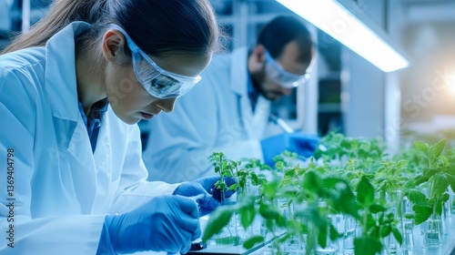 Scientists examining plant growth in a laboratory, showcasing research on agriculture