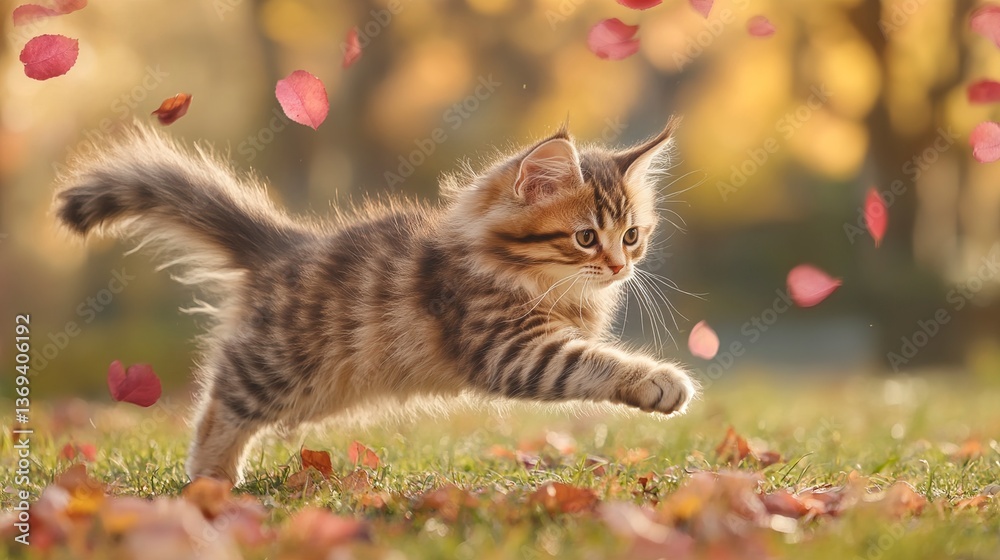 Obraz premium Playful Kitten Running Through Autumn Leaves