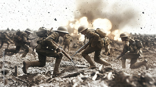 World War I Soldiers Advancing Through Trenches Under Fire photo