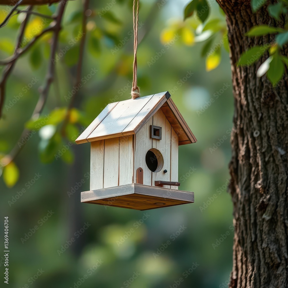 Quaint birdhouse swings gently from a sturdy tree branch, bird feeder, sunlight Quaint birdhouse swings gently from a sturdy tree branch, bird feeder, sunlight