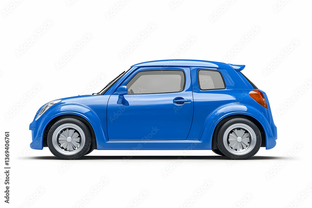 3D Render of a Blue Compact Car, Side View Illustration Against White Background 3D Render of a Blue Compact Car, Side View Illustration Against White Background