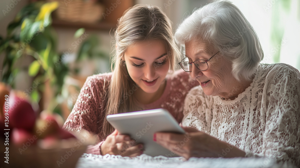 Generational Connection: Young Woman Teaching Elderly Lady Tablet Technology Generational Connection: Young Woman Teaching Elderly Lady Tablet Technology