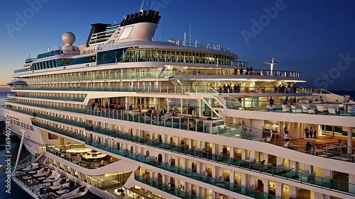 Luxurious cruise ship docked at sunset with guests enjoying the view and dining on the deck