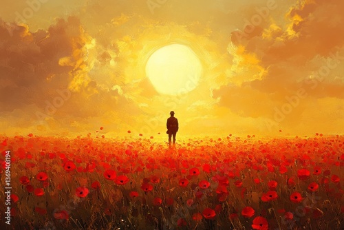 A beautifully painted digital artwork of a lone soldier standing in a vast field of red poppies under a golden sunset.