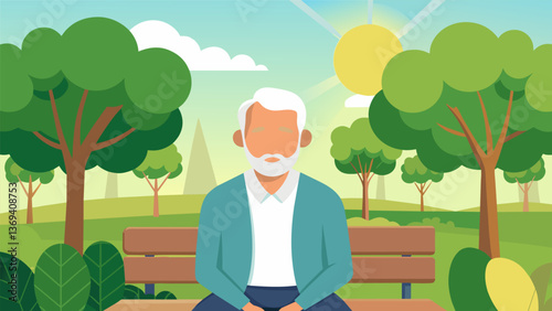 An elderly man sitting on a park bench eyes closed in deep meditation while the warm sun shines down on him through the full leafy trees.. Vector illustration