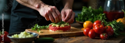 A person who cooks food using local ingredients, free space for text