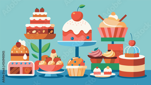 An impressive display of creative themed desserts showcasing the skill and passion of the bake sale participants.. Vector illustration