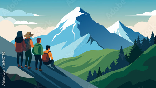 Alongside a rugged mountain trail the friends pause to catch their breath and savor the jawdropping views of snowcapped peaks in the distance.. Vector illustration