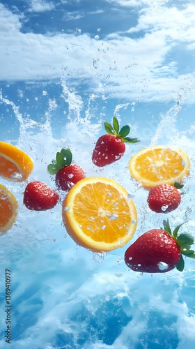 Vibrant Strawberries and Oranges Splashing in Refreshing Water against a Sky Background