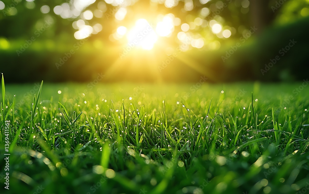 Obraz premium Bright green grass meadow in summer sunlight, blurred wild field background with copy space for design or text integration
